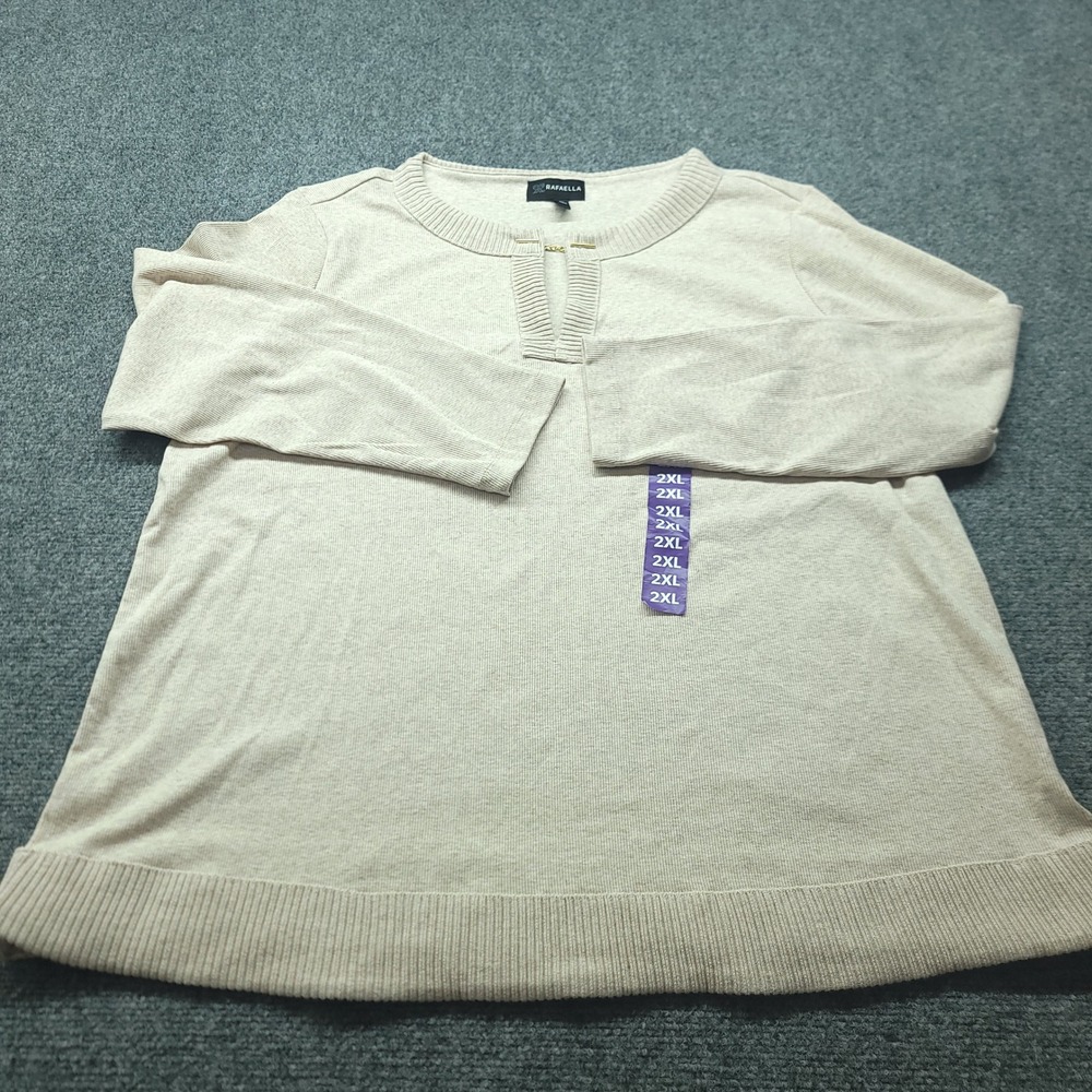 Rafaella Womens 2XL Oatmeal Beige Ribbed Knit Top Gold Chain Detail LRKFF053